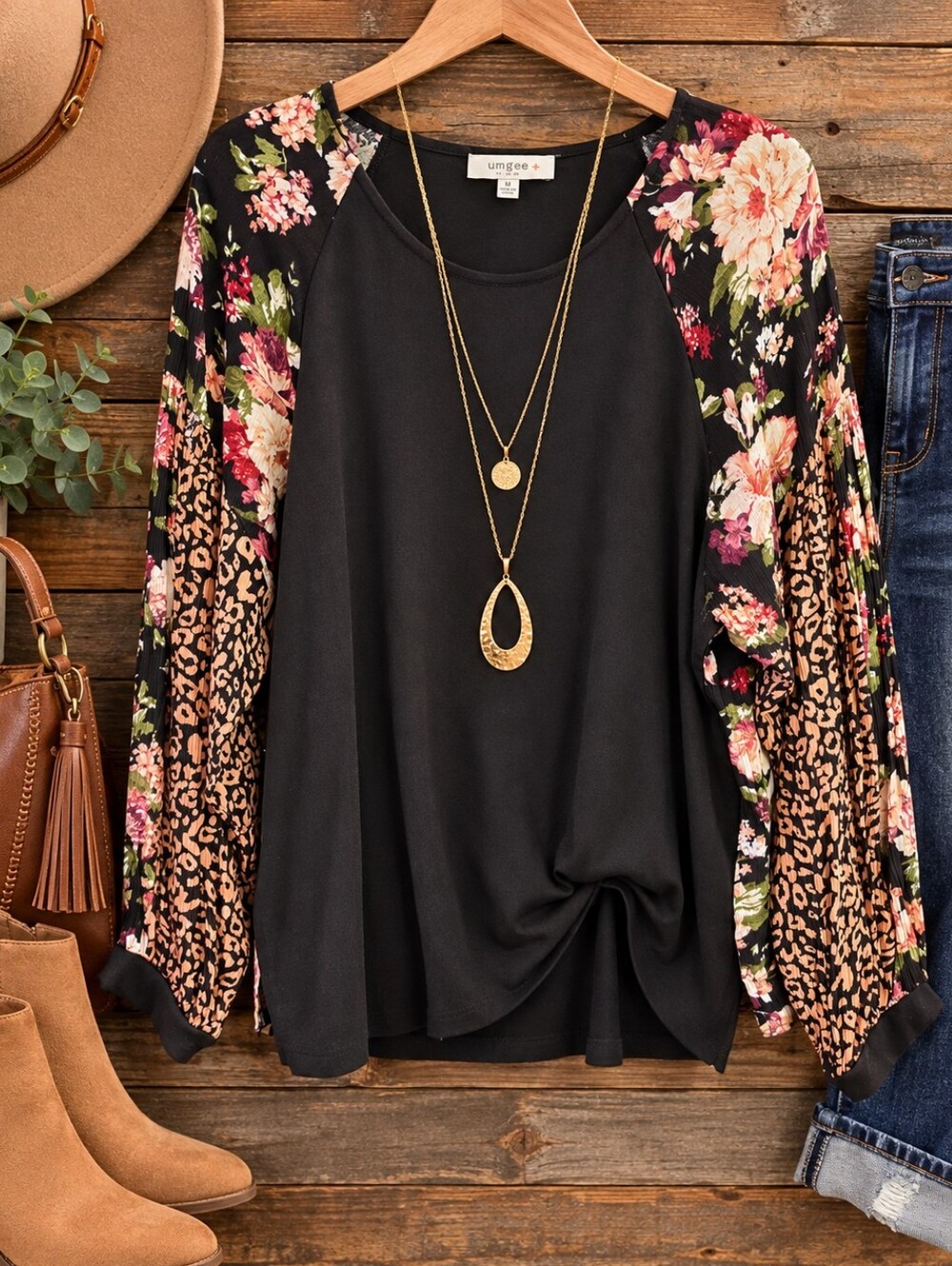 Umgee+ XL Black Floral Leopard Mixed Print Boho Long Sleeve Top